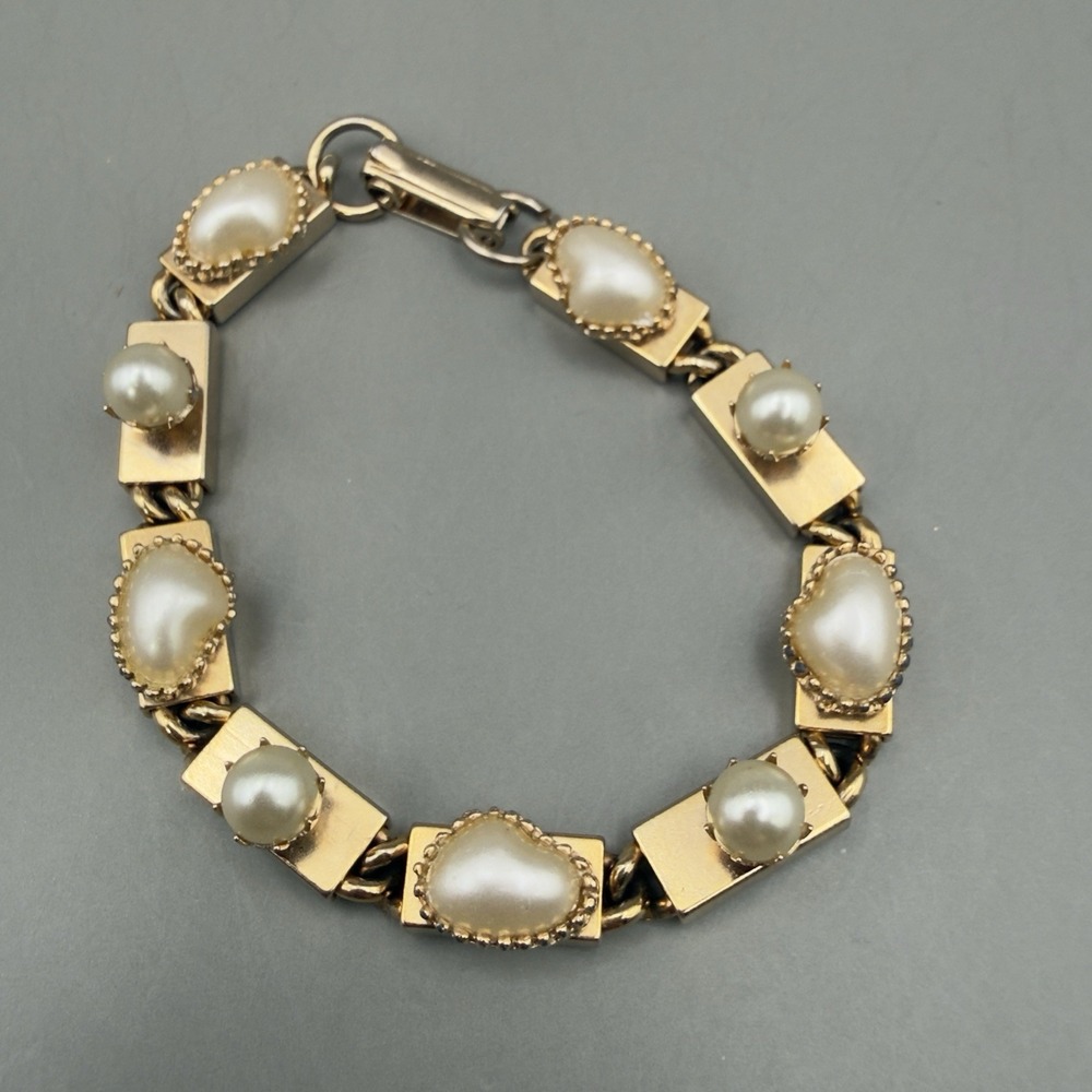 Vintage Gold Tone Faux Pearl Link Box Chain Bracelet Unsigned Mid Century Estate